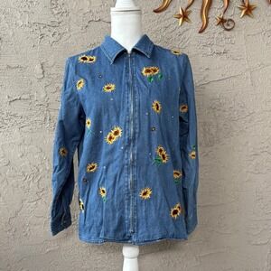 Embroidered Sunflower Denim Shirt, Long Sleeve Button‎ Down, Western Casual